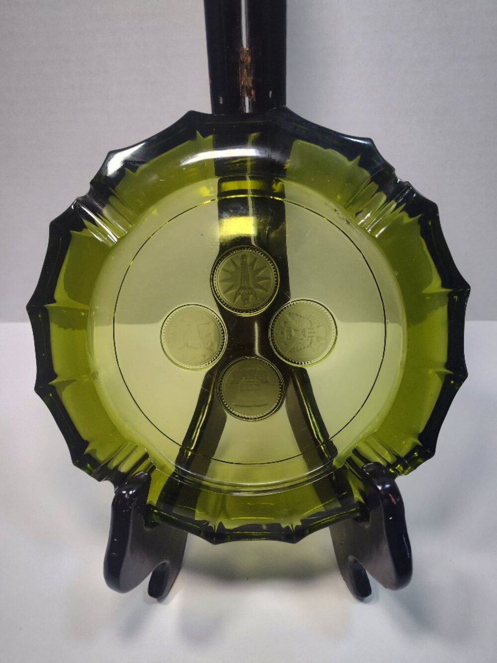 Fostoria Coin Glass Ashtray Olive Green Patriotic Coin Pattern Heavy Vintage MCM